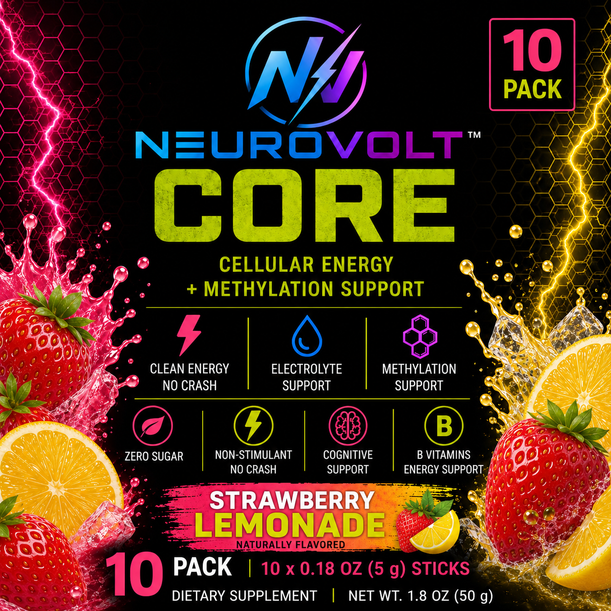 NeuroVolt™ Core Strawberry Lemonade Energy Sticks | Methylation Support Drink Mix | 10 Pack