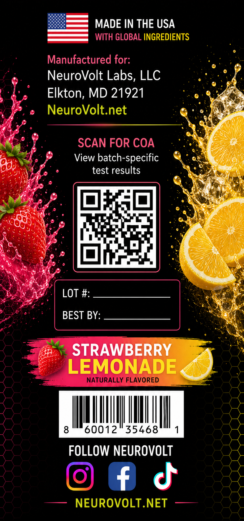 NeuroVolt™ Core Strawberry Lemonade Energy Sticks | Methylation Support Drink Mix | 30 Pack
