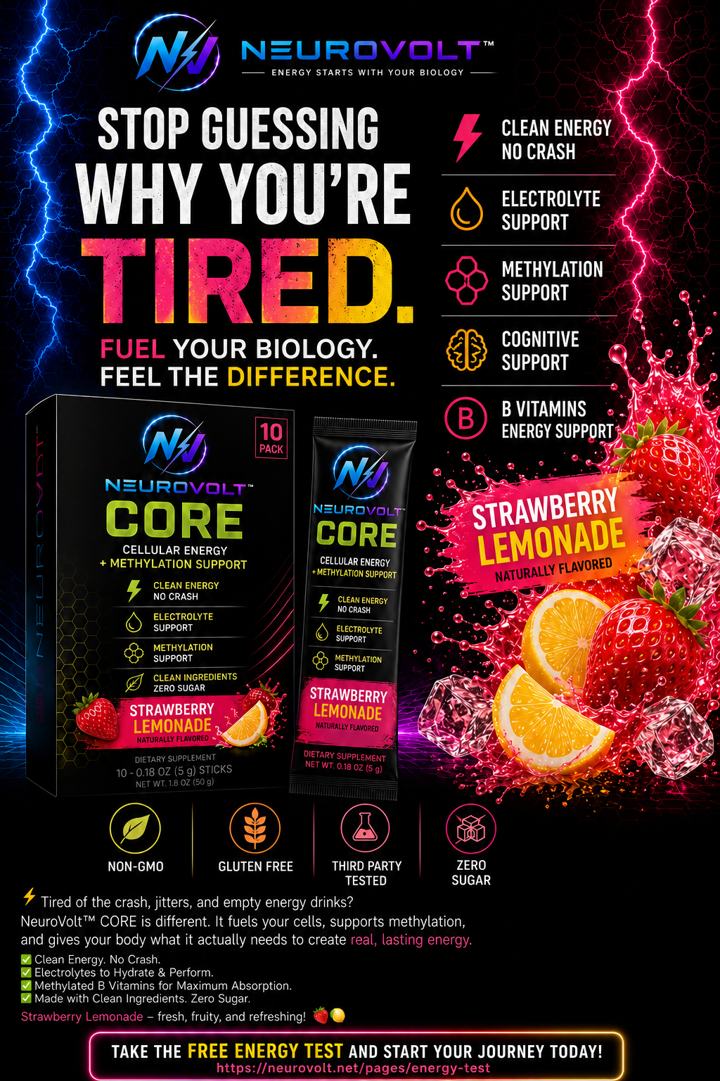 NeuroVolt™ Core Strawberry Lemonade Energy Sticks | Methylation Support Drink Mix | 30 Pack