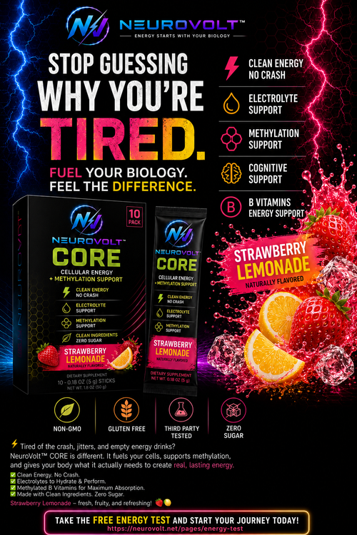 NeuroVolt™ Core Strawberry Lemonade Energy Sticks | Methylation Support Drink Mix | 30 Pack