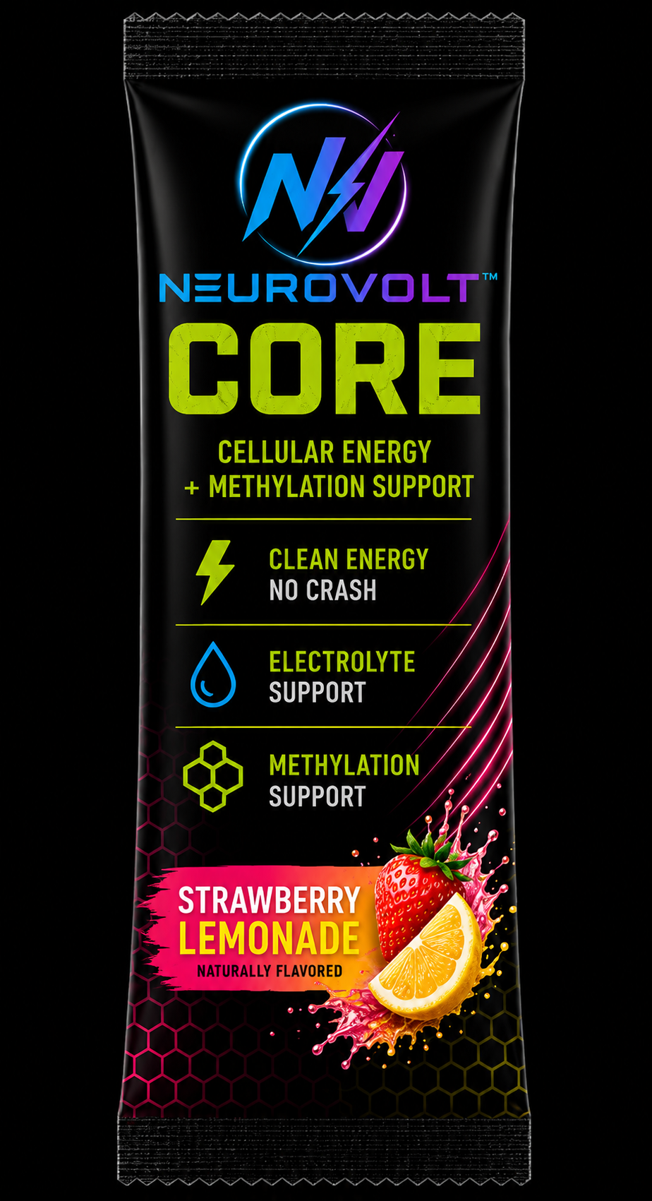 NeuroVolt™ Core Strawberry Lemonade Energy Sticks | Methylation Support Drink Mix | 30 Pack