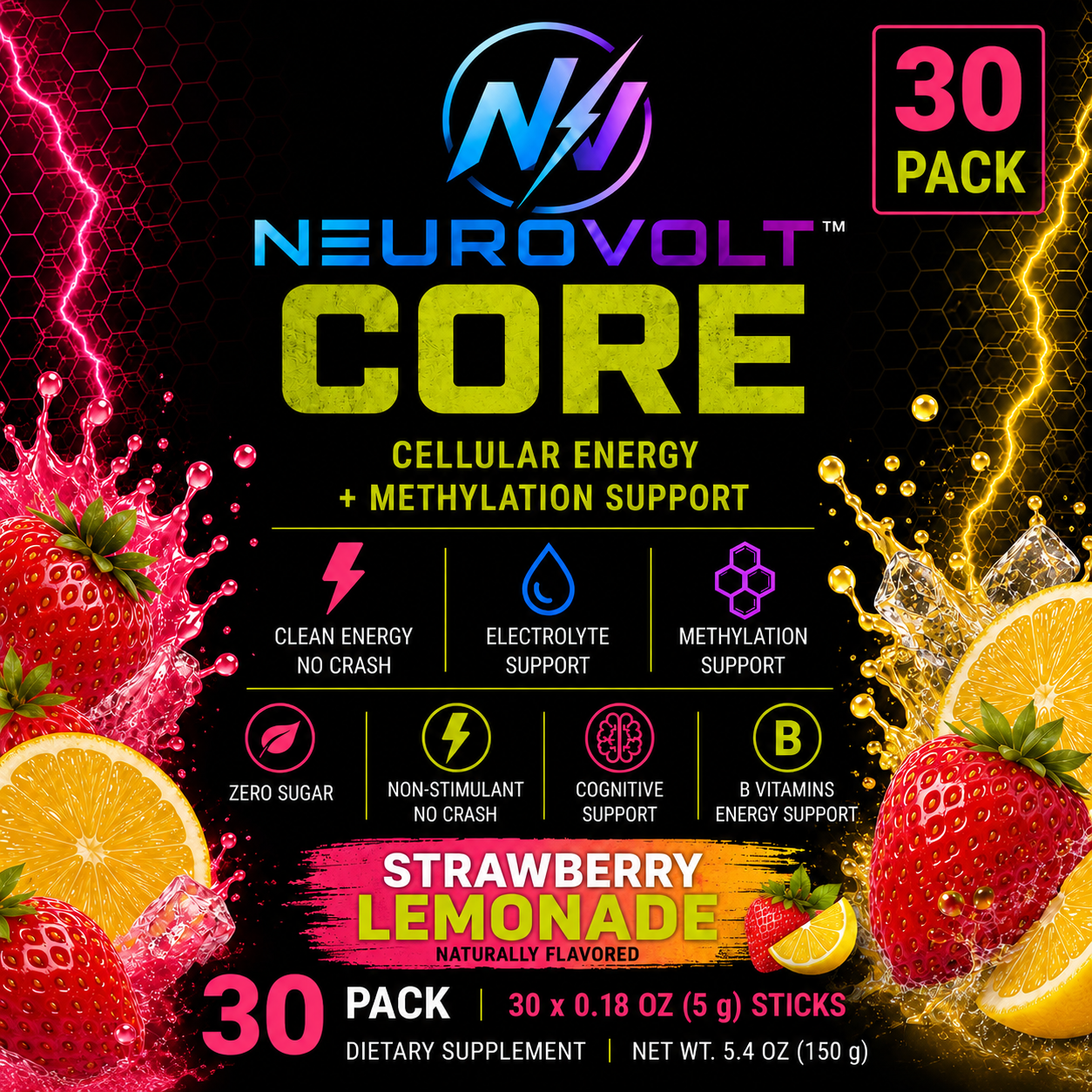 NeuroVolt™ Core Strawberry Lemonade Energy Sticks | Methylation Support Drink Mix | 30 Pack