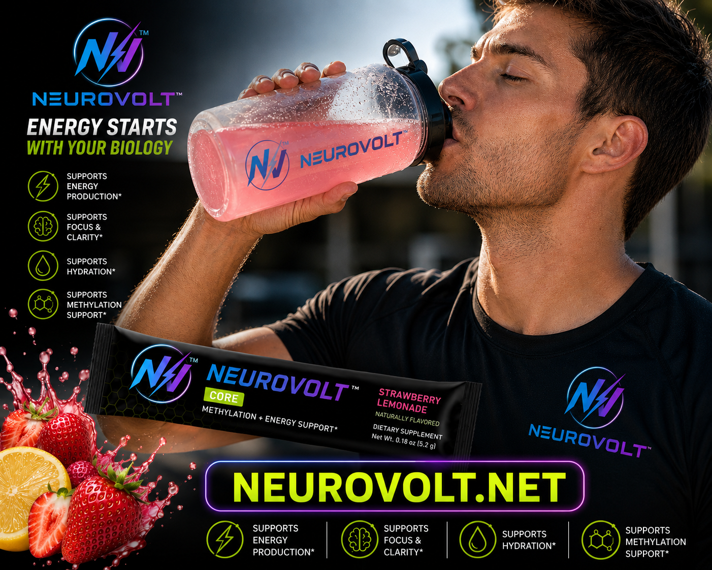 NeuroVolt™ Core Strawberry Lemonade Energy Sticks | Methylation Support Drink Mix | 10 Pack