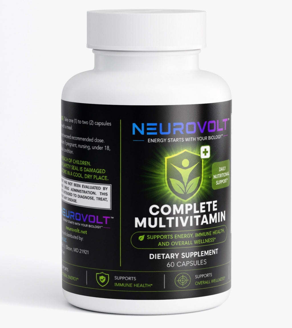 A white plastic bottle of Neurovolt Complete Multivitamin dietary supplement with a black label, shown on a clean white background.
