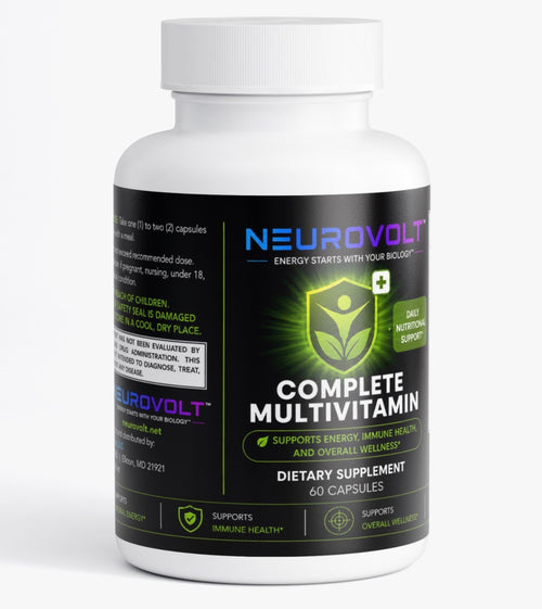 A white plastic bottle of Neurovolt Complete Multivitamin dietary supplement with a black label, shown on a clean white background.